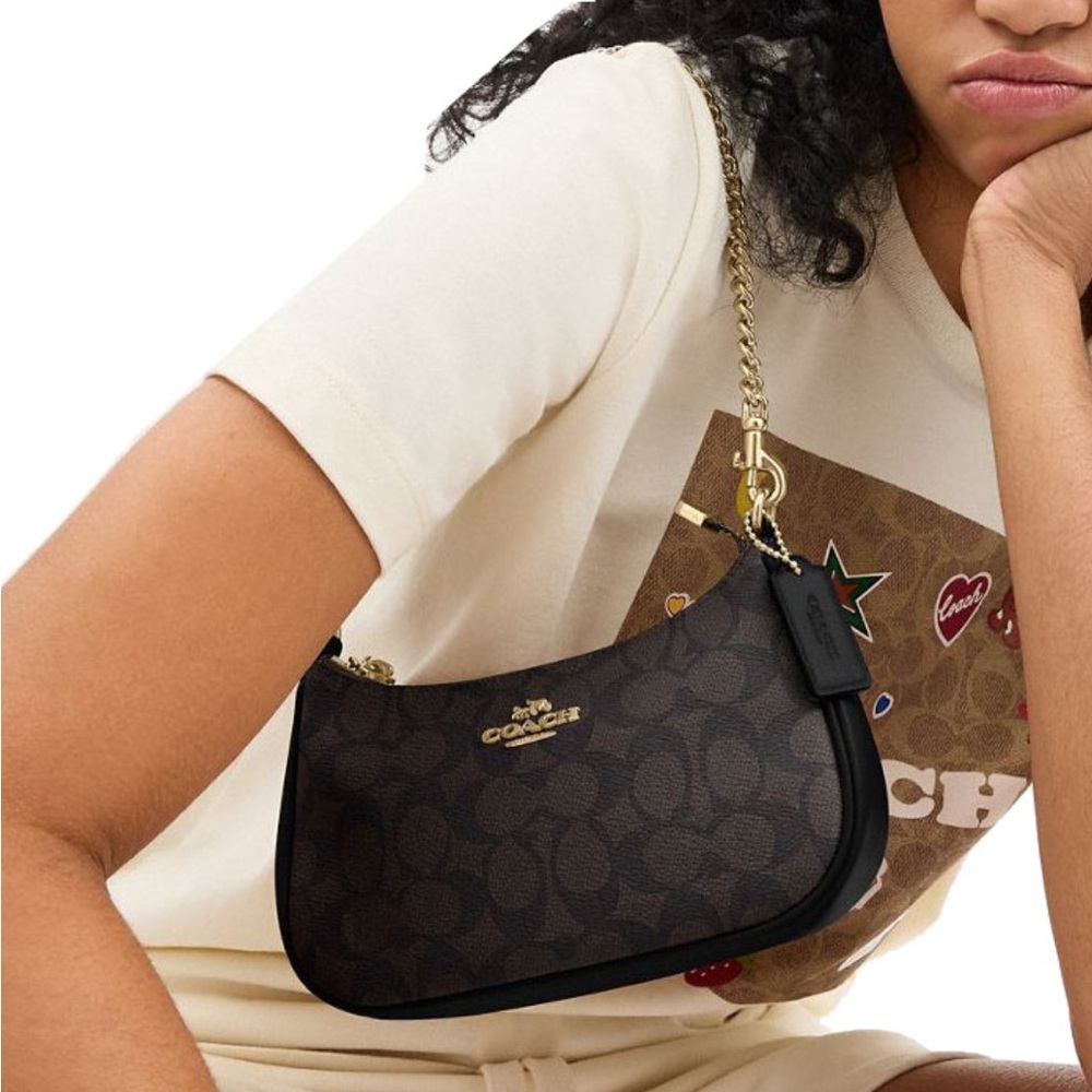 Coach Signature Canvas Gold/Walnut/Black Mini Teri Shoulder Bag - Picture 3 of 14